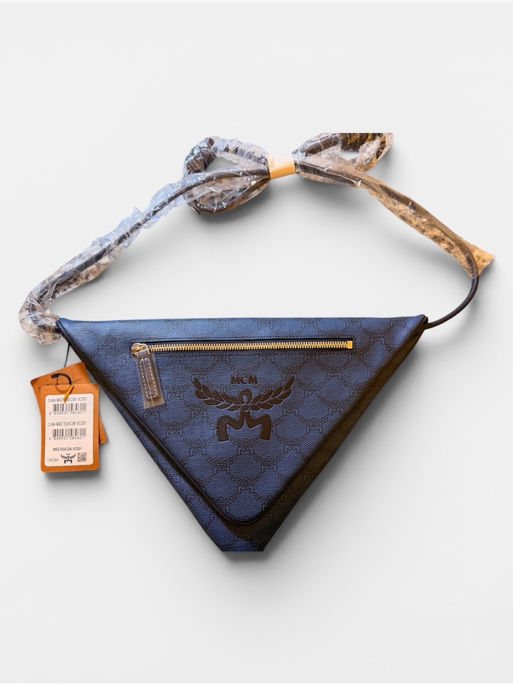 MCM Triangular Logo Belt Bag in Navy and Black with Gold Hardware